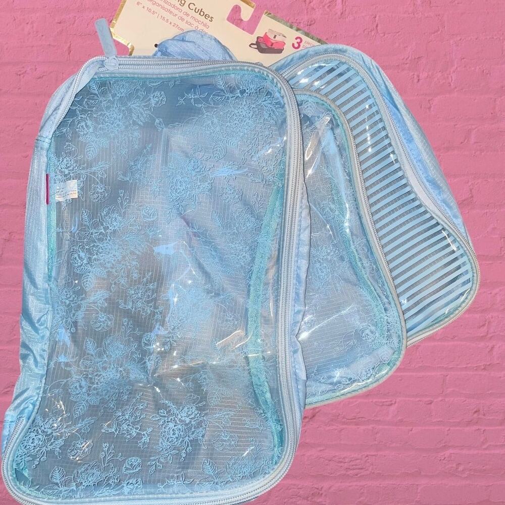 Miamica 3 Piece Packing Cube Set Blue Floral Stripe Travel Luggage Organizers